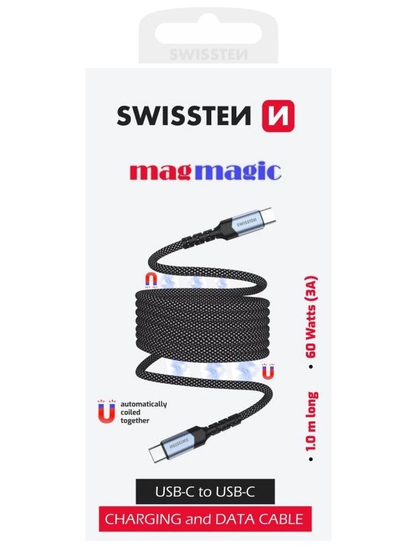 Swissten magnetický datový kabel samonavíjecí usb-c / usb-c 1 m