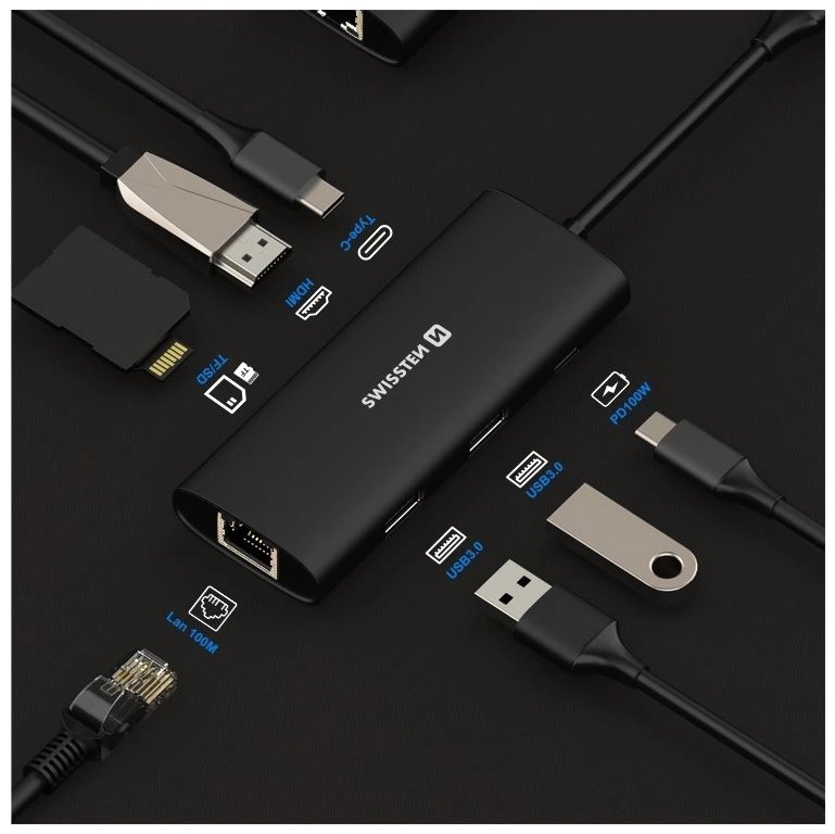 Swissten usb-c hub 8-in-1 (usb-c 100w, hdmi 4k, lan rj45, 2x usb-a, 1x usb-c 5gbps, sd, micro sd) aluminium
