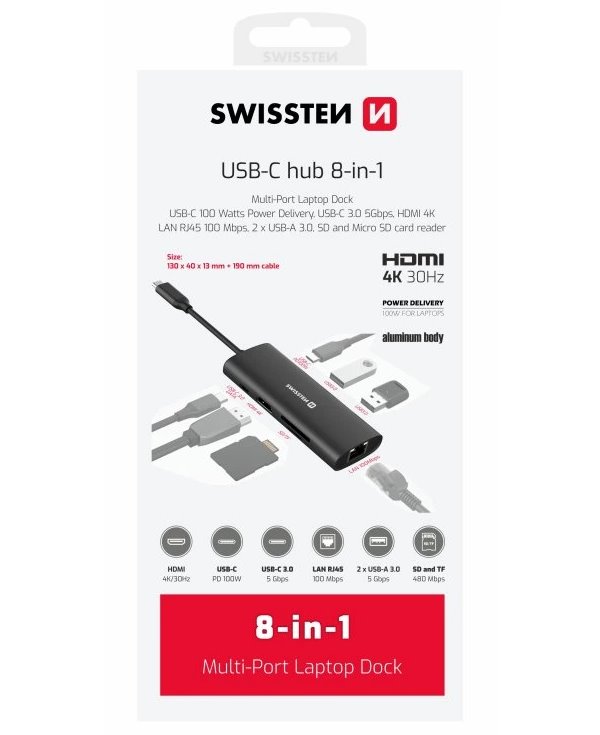 Swissten usb-c hub 8-in-1 (usb-c 100w, hdmi 4k, lan rj45, 2x usb-a, 1x usb-c 5gbps, sd, micro sd) aluminium