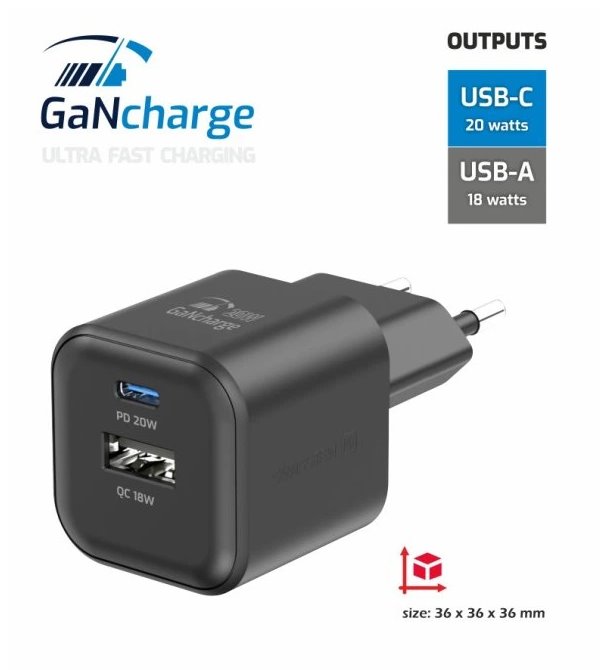 Swissten síťový adaptér gan 1x usb-c 20w pd + 1x usb-a 18w qc černý