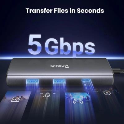 Swissten usb-c hub 8-in-1 (usb-c 100w, hdmi 4k, lan rj45, 2x usb-a, 1x usb-c 5gbps, sd, micro sd) aluminium