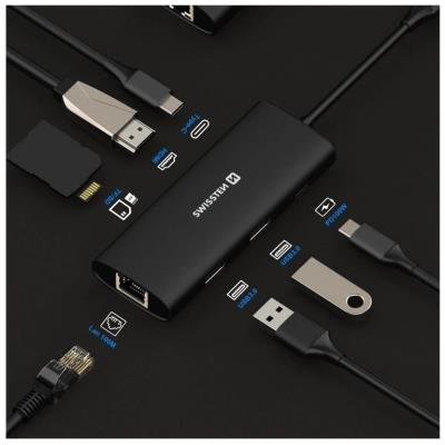 Swissten usb-c hub 8-in-1 (usb-c 100w, hdmi 4k, lan rj45, 2x usb-a, 1x usb-c 5gbps, sd, micro sd) aluminium