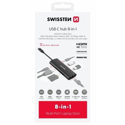 Swissten usb-c hub 8-in-1 (usb-c 100w, hdmi 4k, lan rj45, 2x usb-a, 1x usb-c 5gbps, sd, micro sd) aluminium