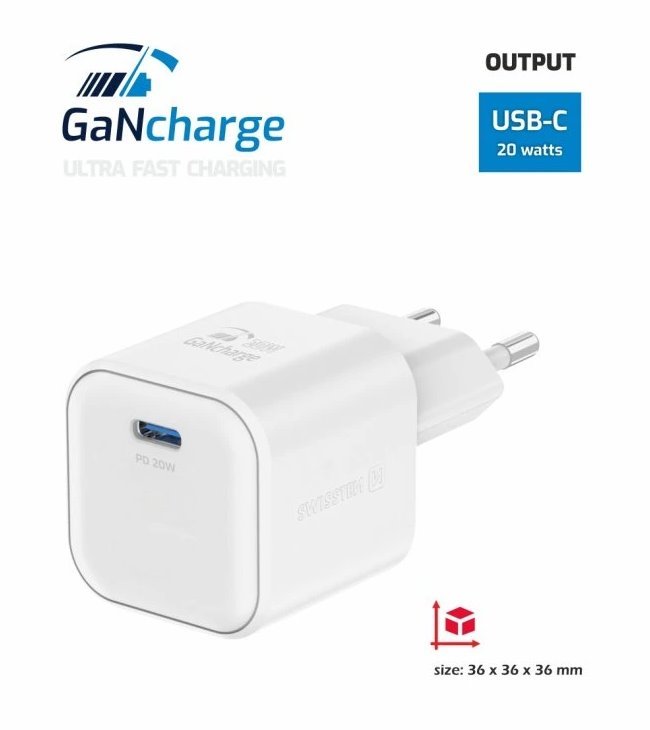 Swissten síťový adaptér gan 1x usb-c 20w power delivery bílý + datový kabel usb-c/lightning 1,2 m bílý