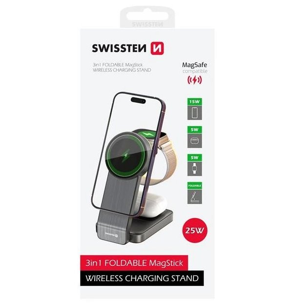 Swissten skládací bezdrátová nabíječka magfold 3v1 25w černá (kompatibilní s magsafe)
