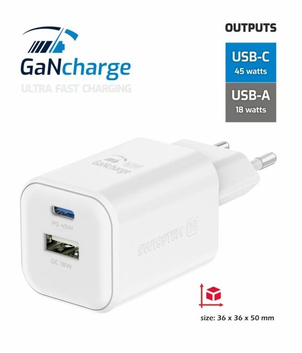 Swissten síťový adaptér gan 1x usb-c 45w pd + 1x usb-a 18w qc bílý