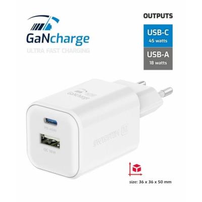 Swissten síťový adaptér gan 1x usb-c 45w pd + 1x usb-a 18w qc bílý