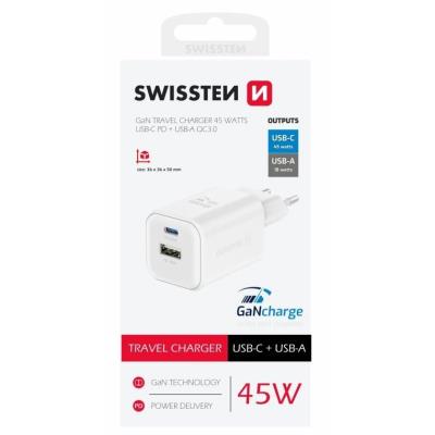 Swissten síťový adaptér gan 1x usb-c 45w pd + 1x usb-a 18w qc bílý