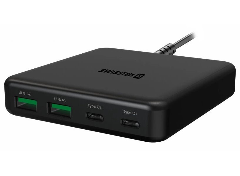 Swissten mini desktop adaptér gan 2x usb-c + 2xusb 65w power delivery černý