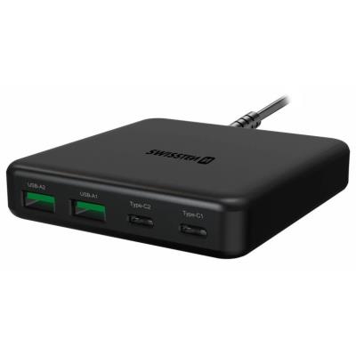 Swissten mini desktop adaptér gan 2x usb-c + 2xusb 65w power delivery černý