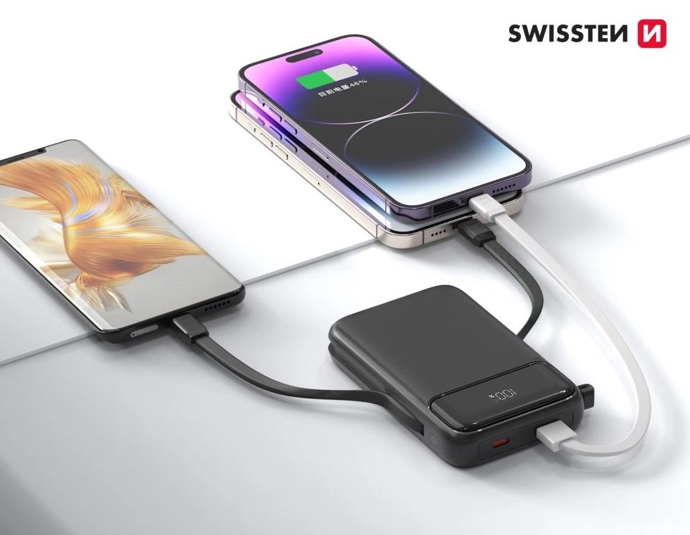 Swissten power bank 10000 mah pd 20w s integrovanými kabely  usb-c a lightning (kompatibilní s magsafe)