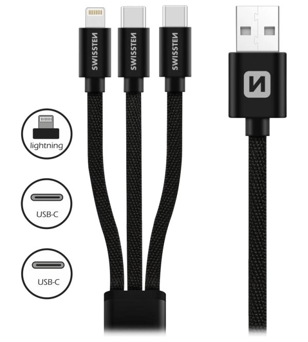 Swissten datový kabel textile 3in1 1,2 m černý (lightning, 2x usb-c)