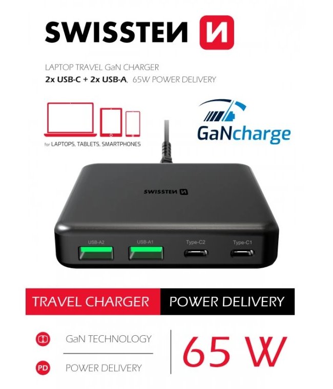 Swissten mini desktop adaptér gan 2x usb-c + 2xusb 65w power delivery černý