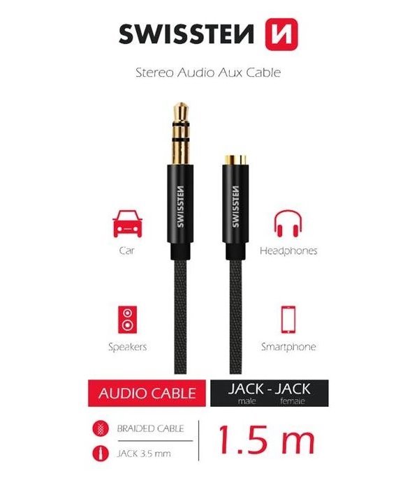 Swissten audio kabeltextile 3,5 mm jack(samec) - 3,5 mm jack (samice) 1,5 m černý