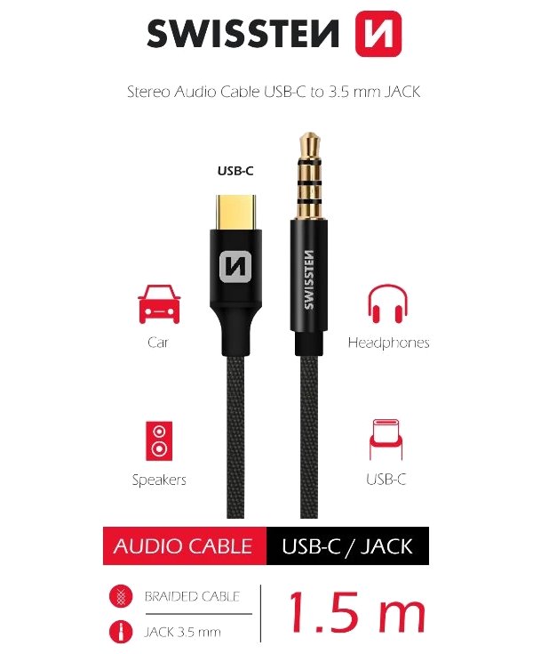 Swissten audio adaptértextile usb-c (samec)/3,5 mm jack (samec) 1,5m černý
