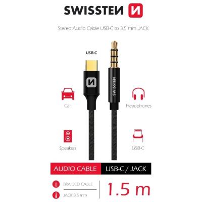Swissten audio adaptértextile usb-c (samec)/3,5 mm jack (samec) 1,5m černý