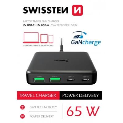 Swissten mini desktop adaptér gan 2x usb-c + 2xusb 65w power delivery černý