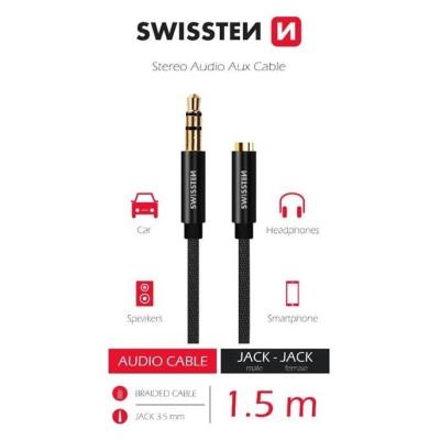Swissten audio kabeltextile 3,5 mm jack(samec) - 3,5 mm jack (samice) 1,5 m černý