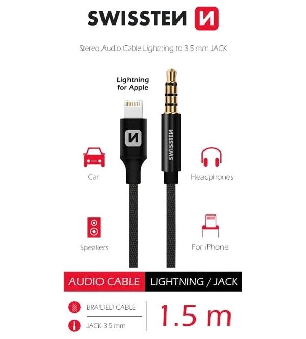 Swissten audio adaptértextile lightning (samec)/3,5 mm jack(samec) 1,5 m černý