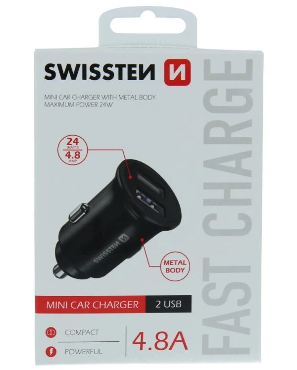 Swissten cl adaptér 2x usb 4,8a metal černý