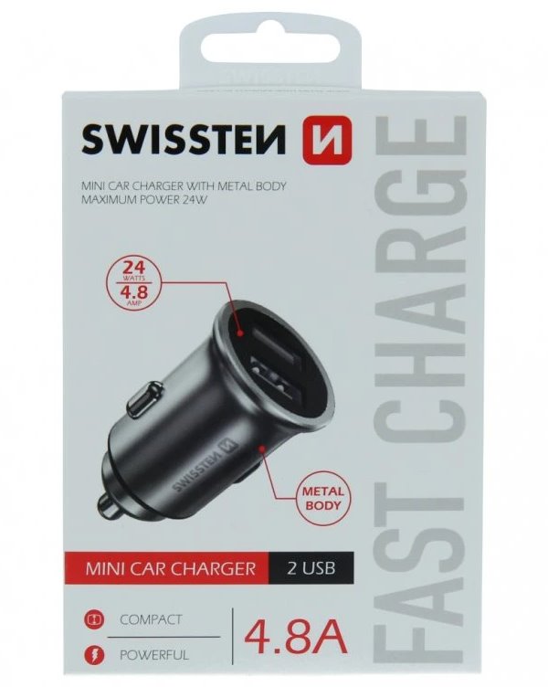 Swissten cl adaptér 2x usb 4,8a metal stříbrný