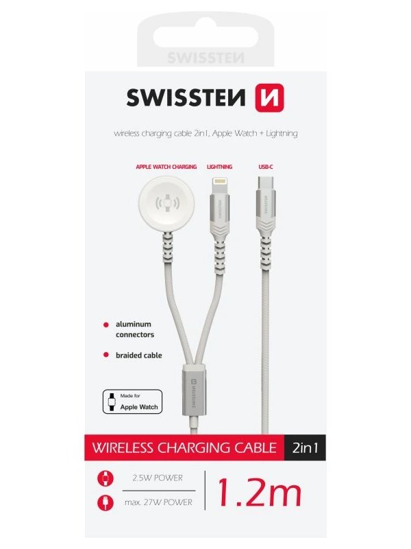 Swissten opletený magnetický kabel 2v1 pro apple watch a lightning, usb-c 1.2 m bílý