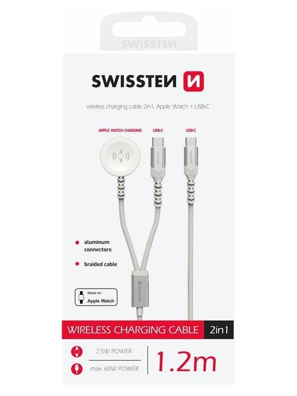 Swissten opletený magnetický kabel 2v1 pro apple watch a usb-c, usb-c 1.2 m bílý