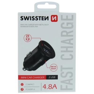 Swissten cl adaptér 2x usb 4,8a metal černý