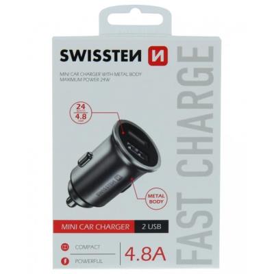 Swissten cl adaptér 2x usb 4,8a metal stříbrný