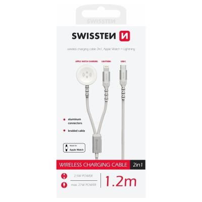 Swissten opletený magnetický kabel 2v1 pro apple watch a lightning, usb-c 1.2 m bílý