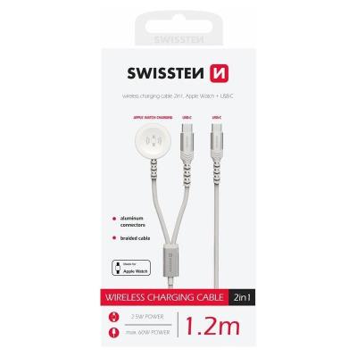 Swissten opletený magnetický kabel 2v1 pro apple watch a usb-c, usb-c 1.2 m bílý