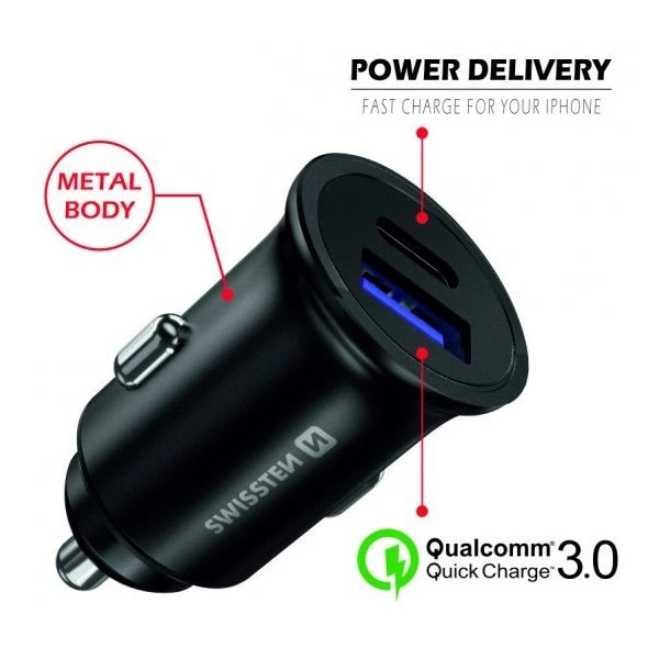 Swissten cl adaptér power delivery usb-c + quick charge 3.0 36w metal černý (eco balení)