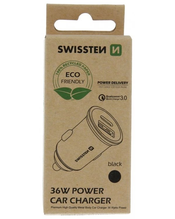 Swissten cl adaptér power delivery usb-c + quick charge 3.0 36w metal černý (eco balení)