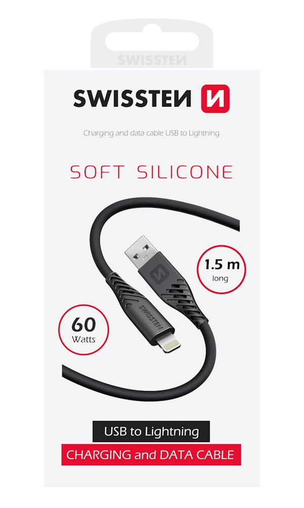 Swissten datový kabel soft silicone usb / lightning 1,5 m 60w černý