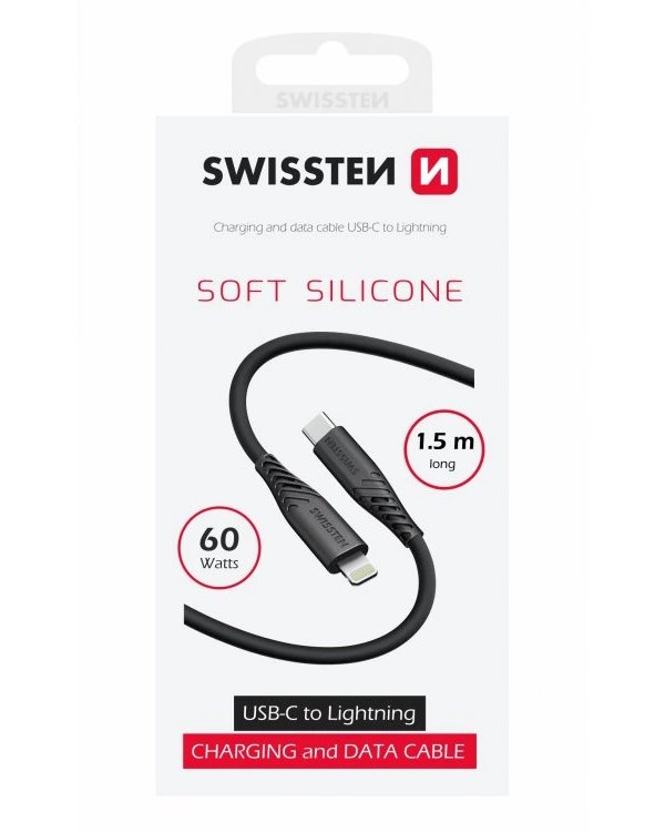 Swissten datový kabel soft silicone usb-c / lightning 1,5 m 60w černý