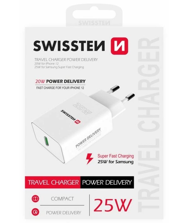 Swissten síťový adaptér pd 25w pro iphone a samsung bílý