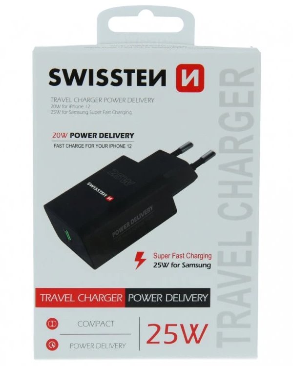 Swissten síťový adaptér pd 25w pro iphone a samsung černý