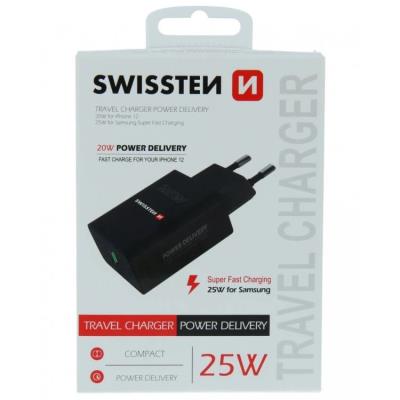 Swissten síťový adaptér pd 25w pro iphone a samsung černý