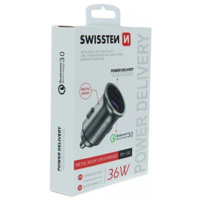 Swissten cl adaptér power delivery usb-c + quick charge 3.0 36w metal stříbrný