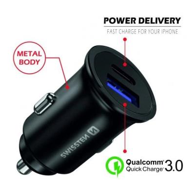 Swissten cl adaptér power delivery usb-c + quick charge 3.0 36w metal černý (eco balení)