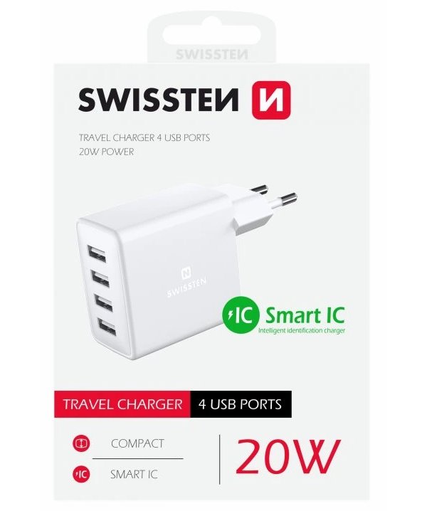 Swissten síťový adaptér 4x usb 20w bílý