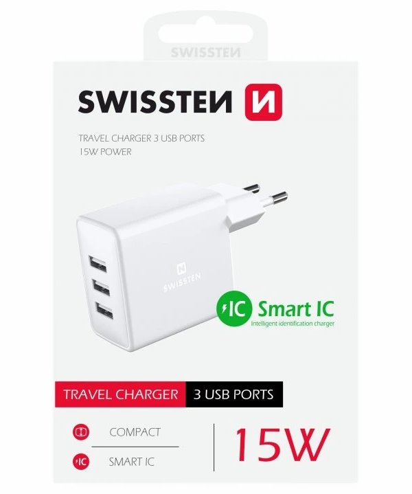Swissten síťový adaptér 3x usb 15w bílý