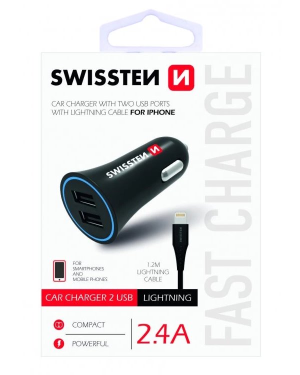 Swissten cl adaptér 2,4a power 2x usb + kabel lightning
