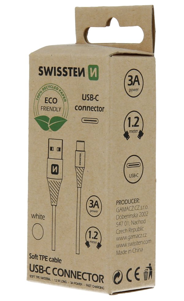 Swissten datový kabelusb/usb-c  bílý 1,2m  (eco balení)