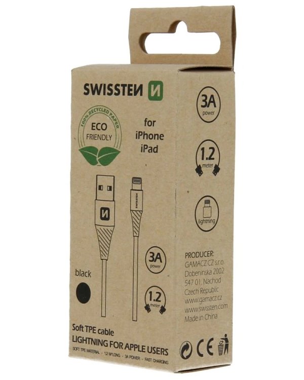 Swissten datový kabelusb/lightning černý 1,2m  (eco balení)