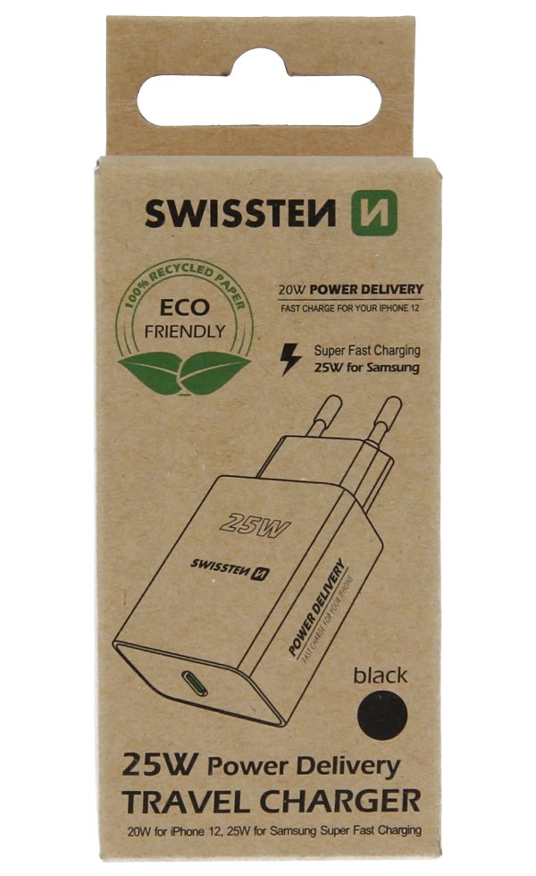 Swissten síťový adaptér pd 25w pro iphone a samsung černý (eco balení)