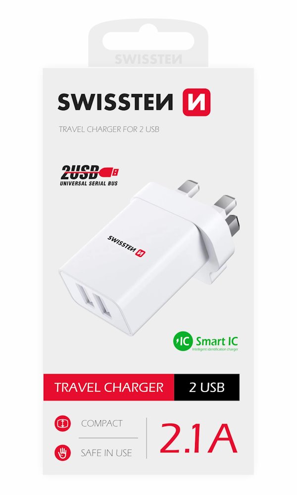 Swissten síťový adaptér 2x usb 10,5w pro uk zásuvku bílý