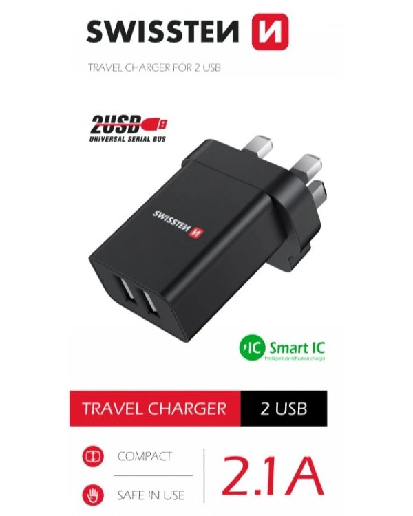 Swissten síťový adaptér 2x usb 10,5w pro uk zásuvku černý