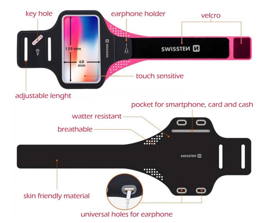 Swissten pouzdro armband case vel. 7,0" růžové