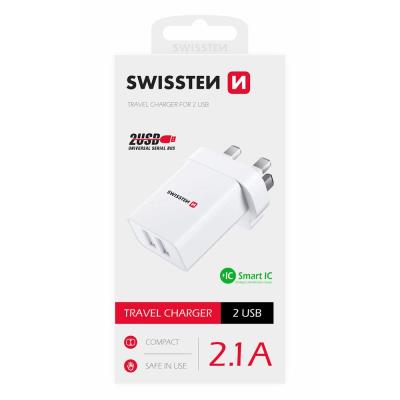 Swissten síťový adaptér 2x usb 10,5w pro uk zásuvku bílý